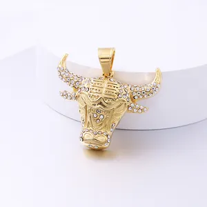Wholesale Jewelry Western Cow Boy Stainless Steel 18k Gold Crystal Stone Bull Horn Pendant Iced Out Necklaces Jewelry