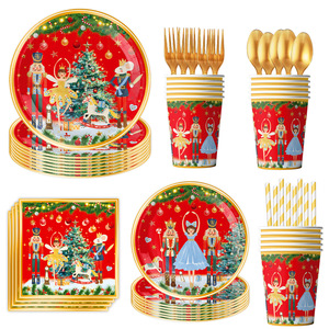 Ensemble de vaisselle de fête de Noël Casse-Noisette, assiettes de 9, 7 et 6,5 pouces, gobelets, serviettes, couverts dorés, fournitures de décoration de vacances - Product Image 4