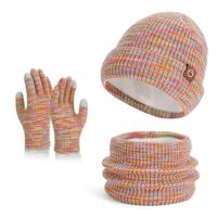 Set Rajutan Hangat Musim Dingin 3 in 1 Berlapis Fleece Motif Garis Marled, Kupluk, Penutup Leher, Sarung Tangan, Set Topi Syal Sarung Tangan Unisex untuk Pria Wanita