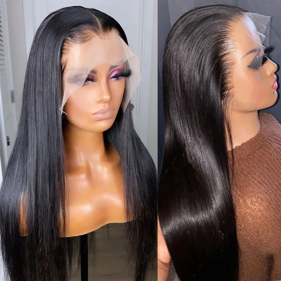 180% Density Human Lace Front Wigs, 10A Grade Silky Straight Pre Plucked 13x4 Transparent Frontal Raw Indian Hair Wig