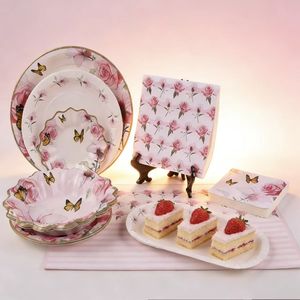Juego <span class=keywords><strong>de</strong></span> Vajilla Desechable Personalizable Lanweier Serie <span class=keywords><strong>Rosa</strong></span> Mariposa Modelo CS-7 para Fiestas/Festivales - Product Image 1
