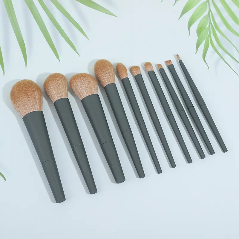 10 Stuks Donkergroene Luxe Zacht Haar Cosmetische Borstel Natuurlijk Haar Hout Handvat Private Label Foundation Make-Up Borstels