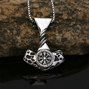 yunnique Viking Stainless Steel Thor Hammer Pendant Necklace With <b>Compass</b> Rune Design For Men And Women Gift Jewelry - Product Image 2