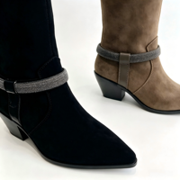 Bottes de cowboy pour femmes à bout pointu, mi-mollet, en faux daim, avec sangle décorée de strass et talon carré – Chaussures personnalisées tendance