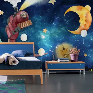 Pianeta blu Stella di Notte Vista Carta Da Parati Per Bambini In Camera Ragazzi camera da letto Sfondo Della Parete Che Copre Fumetto Personalizzato Treno Murale Carta Da Parati