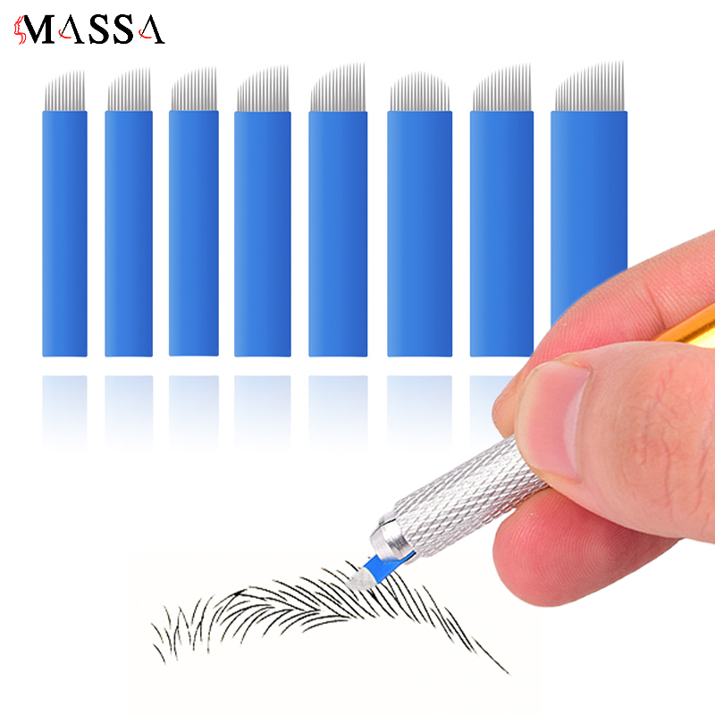 MASSA 18u из нержавеющей стали Синие лезвия для микроблейдинга иглы для татуировок одноразовые ручные лезвия для бровей для перманентного макияжа
