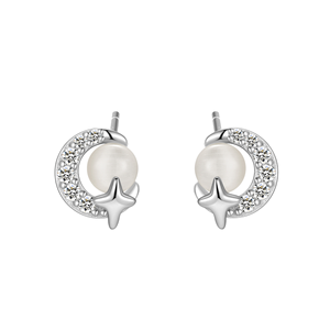 Pendientes de Perlas con Diseño de Estrella y Luna, Modernos y Sencillos, Plata de Ley 925 con Circonita Cúbica, para Fiesta, Joyería Fina al por Mayor para Mujer - Product Image 1