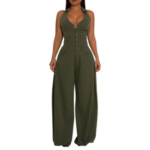 Combinaison décontractée pour femmes, sans manches, col en V, dos nu, boutonnée sur le devant, tendance - Product Image 3