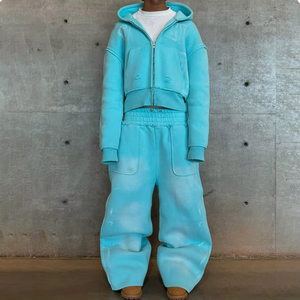 Productos para Dropshipping 2026 |   Conjunto Deportivo Retro Azul Lavado al Ácido de 380GSM, Sudadera con Capucha y Pantalones Jogger para Hombre, 2 Piezas, Estilo Vintage - Product Image 3