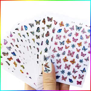 16 개/세트 귀여운 나비 패턴 데칼 3D 홀로그램 네일 스티커 키트 손톱 슬라이더 장식 매니큐어 아트 디자인