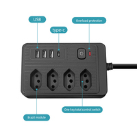 Multiprise intelligente noire personnalisée, norme brésilienne, 10A 15A 250V, avec interrupteur de surcharge, 4 prises, 3 ports USB/1 port Type-C