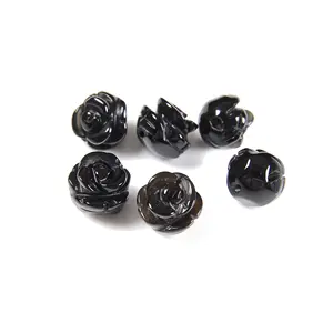 Natural 10mm Carved Rose Flower Black Onyx for Jewelry Necklace Making Gemstone Beads Sold 6 PCS Per Bag