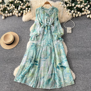 Abito Elegante Stampato dallo Stile Femminile, a Maniche Lunghe <span class=keywords><strong>con</strong></span> Lacci in Vita e Design Aderente, Ideale per un Look da Vacanza - Product Image 5