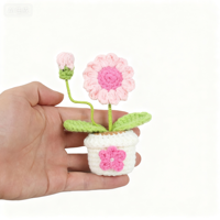 Mini plante en pot en polyester fait main, fleur rose au crochet, bonsaï en fil tricoté, cadeau créatif pour Noël, Pâques, la Saint-Valentin
