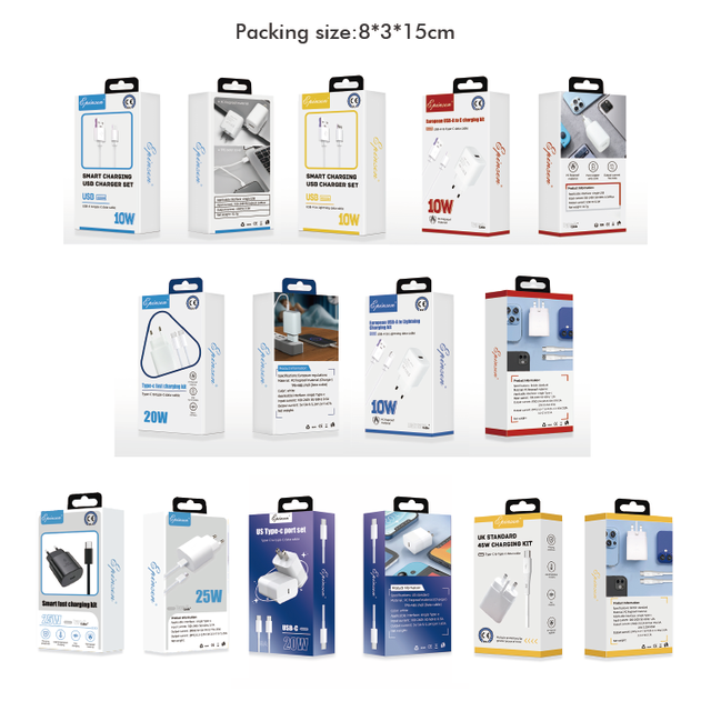 New Custom Dual PD20W US/EU/UK USB/Type-C Fast Charger and Data Cable Set with Gan Material for Phone/15/16/17 Series