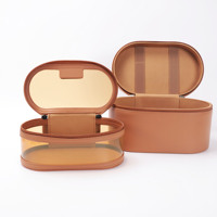 Brosse liquide en cuir véritable OEM, étui à cosmétiques de voyage transparent, étui de maquillage avec poignée