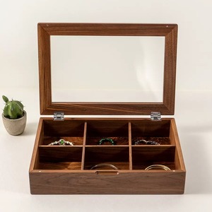 Walnut Storage Box With Compartments Covered Glass Lid Desktop Organizer For Jewelry Collectibles 18L - Product Image 3