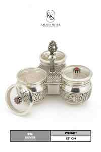 Ensemble Kumkum Haldi Chawal en argent pur 925 avec poignée et couvercle en forme de paon, article traditionnel artisanal pour le temple à domicile - Product Image 3