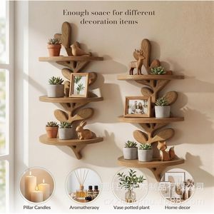 Tree Shaped Solid Wood <b>Wall</b> <b>Mounted</b> <b>Shelf</b> Natural Color Hanging Storage Rack For Living Room Bedroom - Product Image 4