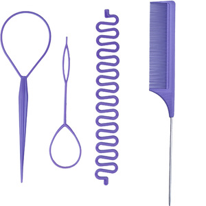 Ensemble de 8 outils de tressage de cheveux violet avec peigne à queue de rat, outil de coiffage <span class=keywords><strong>pour</strong></span> <span class=keywords><strong>tresses</strong></span>, outil de passage de cheveux, tresseurs français <span class=keywords><strong>pour</strong></span> queue de cheval - Product Image 3