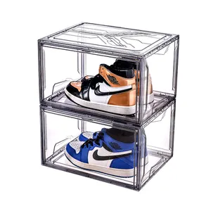 Transparent Acrylic Magnetic Drop Side Open Door Shoe Storage Container Box Foldable Sneaker Organizer Case For Shoe