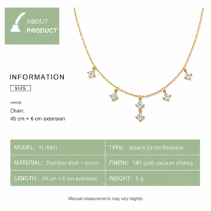 Collier pendentif carré en zircon, acier inoxydable, plaqué or 14 carats sous vide, option chaîne réglable, tons or et argent - Product Image 2