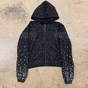 <strong>Clothing</strong> Manufacture Hot Pressing Drilling Bling Diamond Quarter Zip Cropped Acid Wash Rhinestone Men's Hoodie Sweatshirt - Product Image 2