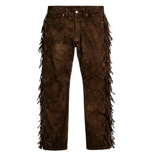FAZMAX CORPORATION Pantalon Western Homme Marron Style Vintage Taille Haute Coupe Droite avec Poches et Braguette Boutonnée 100% Cuir de Vachette - Product Image 1