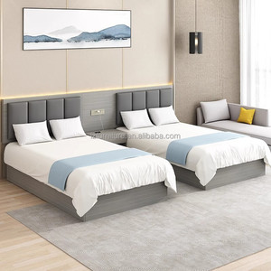 Low Cost Modular Hotel Bedroom Furniture <b>Sets</b> Customizable <b>Single</b> Twin <b>Beds</b> with Wooden Frame Padded Headboard & Nightstands - Product Image 1