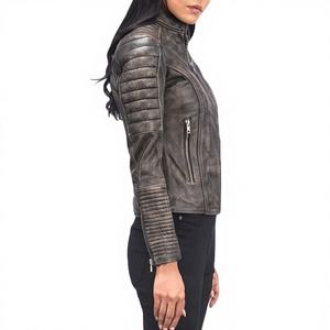 Veste en cuir marron vieilli pour femme, style café racer, matelassée, en cuir d'agneau véritable, vintage, veste de motard, coupe ajustée, fermeture éclair, coton - Product Image 1