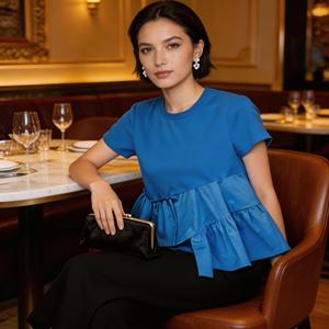 Blusa informal de manga corta con cuello redondo y dobladillo asimétrico con volantes y patchwork en contraste <span class=keywords><strong>para</strong></span> <span class=keywords><strong>mujer</strong></span> - Product Image 2