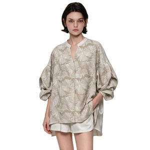 Blusa de Gasa con Estampado Floral para Mujer, con Cuello Mao, Manga Abullonada, Corte Holgado, Informal, para Primavera y Verano - Product Image 2