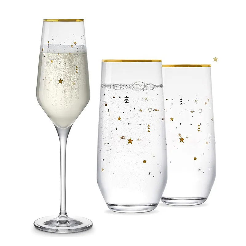 Özelleştirilmiş tasarım özel durum parti cam özel benzersiz altın kaplama tasarım Stemless şampanya flüt kadehler Highball cam