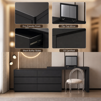 Coiffeuse moderne noire en contreplaqué avec armoire à tiroirs et 5+ compartiments, portes à panneaux, mobilier de chambre de luxe écologique