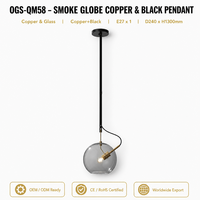 Suspension moderne en verre noir avec corps en cuivre, style globe, tige longue, douille E27, pour îlot de cuisine, salle à manger, chambre, villa, hôtel, décoration