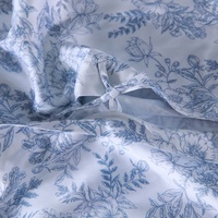 Parure de lit GOTS de luxe en coton biologique imprimé, percale de qualité hôtelière, motif floral bleu, 300 fils, drap plat, drap-housse et taie d'oreiller