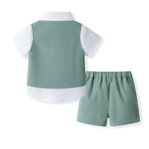 Catpapa – Ensemble 4 pièces pour garçons : Chemise à manches courtes, gilet uni, short et nœud papillon – Tenue de mariage pour page d'honneur – Vente en gros - Product Image 2