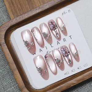 10 <span class=keywords><strong>Uñas</strong></span> Postizas Hechas a Mano <span class=keywords><strong>con</strong></span> Diseño de Ojo de Gato y Diamantes de Imitación en Varios Estilos, Color Nude, Marrón y Rosa, para Mujer, Elegantes - Product Image 1