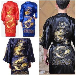 Robe de Nuit <span class=keywords><strong>Homme</strong></span> Ecowalson en Soie Satinée Style <span class=keywords><strong>Kimono</strong></span> <span class=keywords><strong>Chinois</strong></span>, Broderie Dragon - Product Image 2