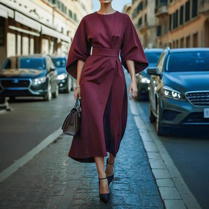 Vestido Largo Elegante de Color Sólido con Cinturón, Manga Murciélago, Estilo Casual para Oficina, Tipo Pullover, para Dropshipping en Shopify - Product Image 1