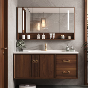 ตู้ห้องน้ำแบบอ่างล้างหน้าเดี่ยว/คู่ ขนาด 36-92 นิ้ว, ตู้ห้องน้ำติดผนังสไตล์โมเดิร์นมินิมอลพร้อมกระจกเก็บของและกระจกอัจฉริยะ - Product Image 1