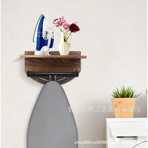 Soporte de madera para plancha, estante de almacenamiento de doble capa montado en la pared para plancha y tabla de planchar, color quemado, sin perforaciones - Product Image 4