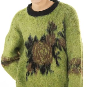 Pull en mohair vert pour femme, col rond, manches lanternes, motif animalier, pull épais décontracté d'hiver, manches longues, coupe classique - Product Image 5
