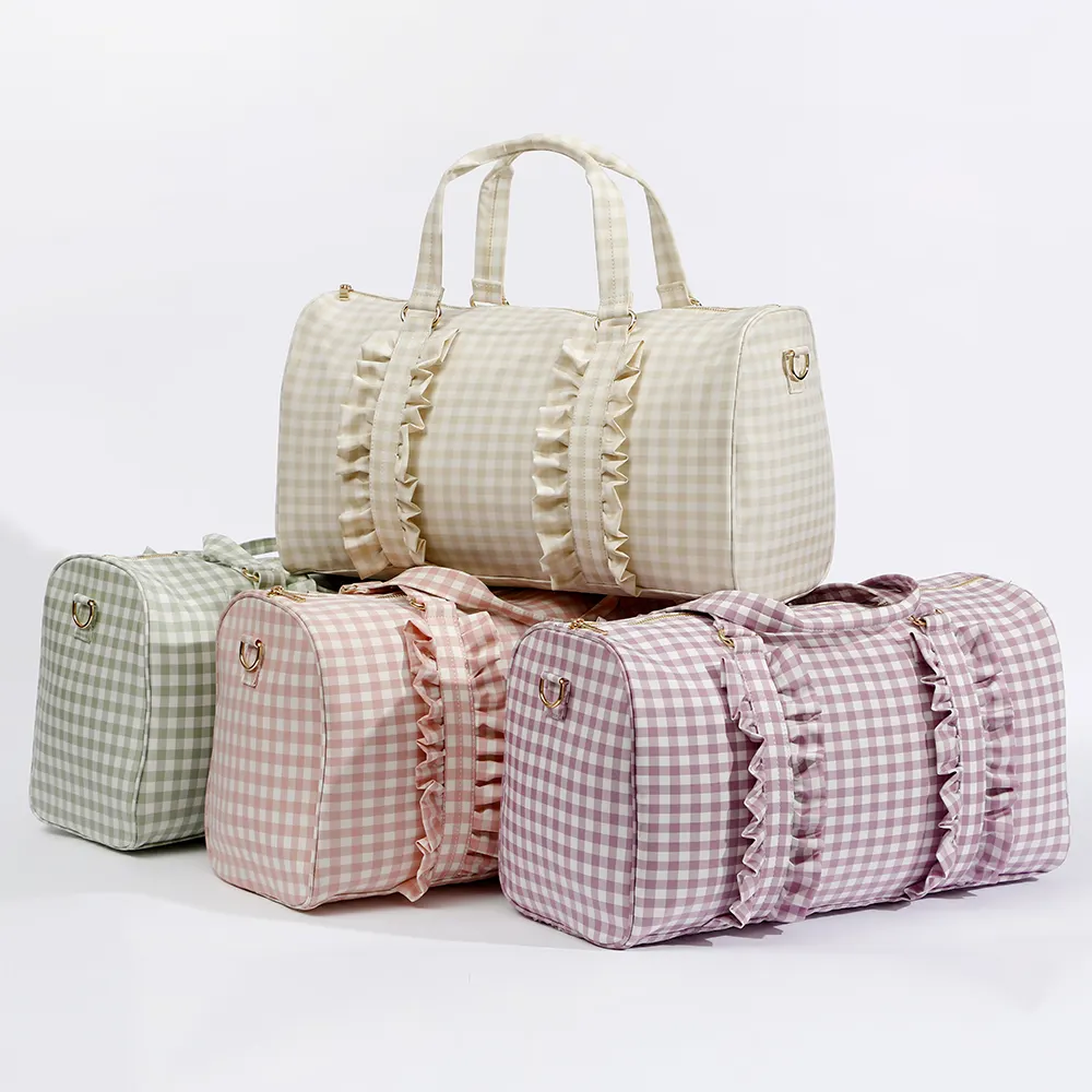 Keymay 5 Colors Stock Fast Dispatch Gift For Her Large Capacity Gingham Travel Bag Plaid Weekender Bag Women Gingham Ruffle Bag