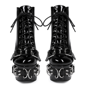 Big Size 47 Women Metal Buckles Rivets Ankle Boots Wide Fit High Chunky Heels Platform Shoes Patent Front Lace up Short <b>Booties</b> - Product Image 2