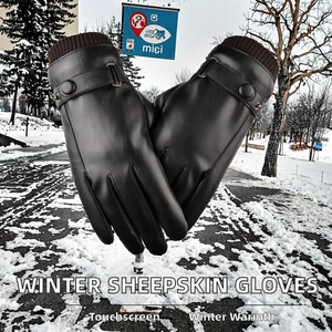 Hot Sale Winter Thermal Leather Sheepskin Plain Safety <b>Gloves</b> Spandex Lining Men's Touch Screen Breathable Eco-Friendly Black - Product Image 2
