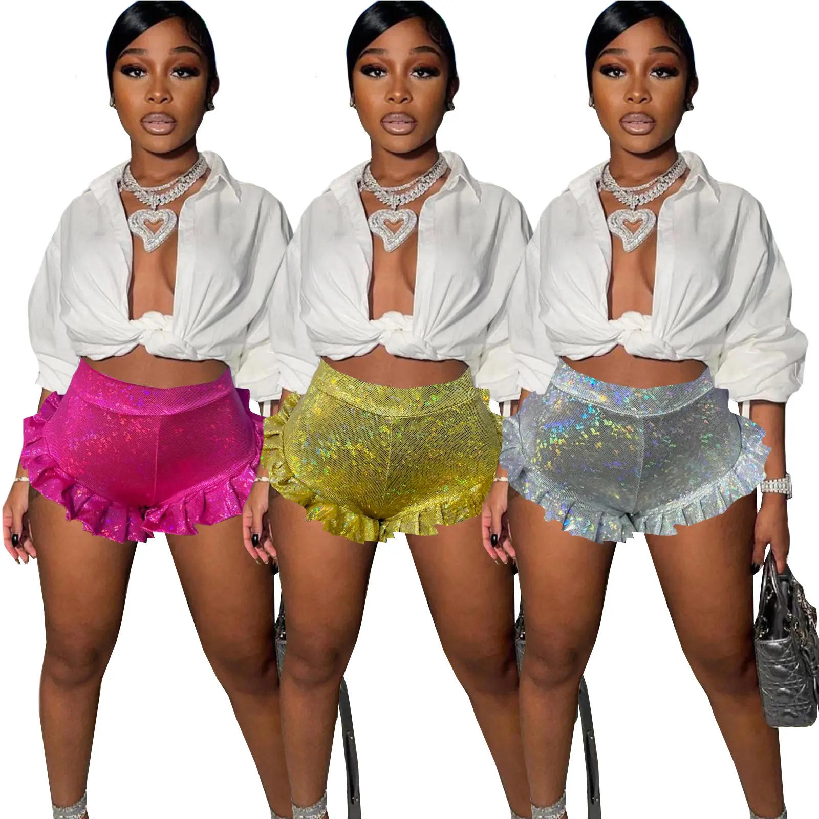 Stage Party Fashion V Pleated Side Shiny Lace Mesh Shorts With Zipper For Women For Women High Waist Loose Ruffle Shorts Female