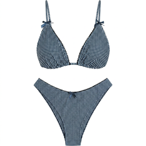 Conjunto de bikini azul a cuadros con estampado de animales/letras para mujer, tirantes finos, cuello en V profundo, detalles de lazo, alto soporte, encaje triangular brasileño - Product Image 1