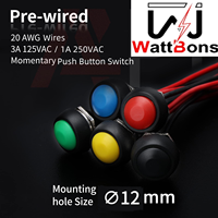 Interruptor de Botón Momentáneo de 12 mm, 2 Pines, 1A 250VAC/3A 125V AC, Interruptor Marino Impermeable, Micro Interruptor Redondo de Plástico con Cable de 20 AWG