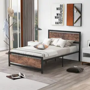 凯尼斯手工木制床头板熟铁板条成人卧室家具双人床框架